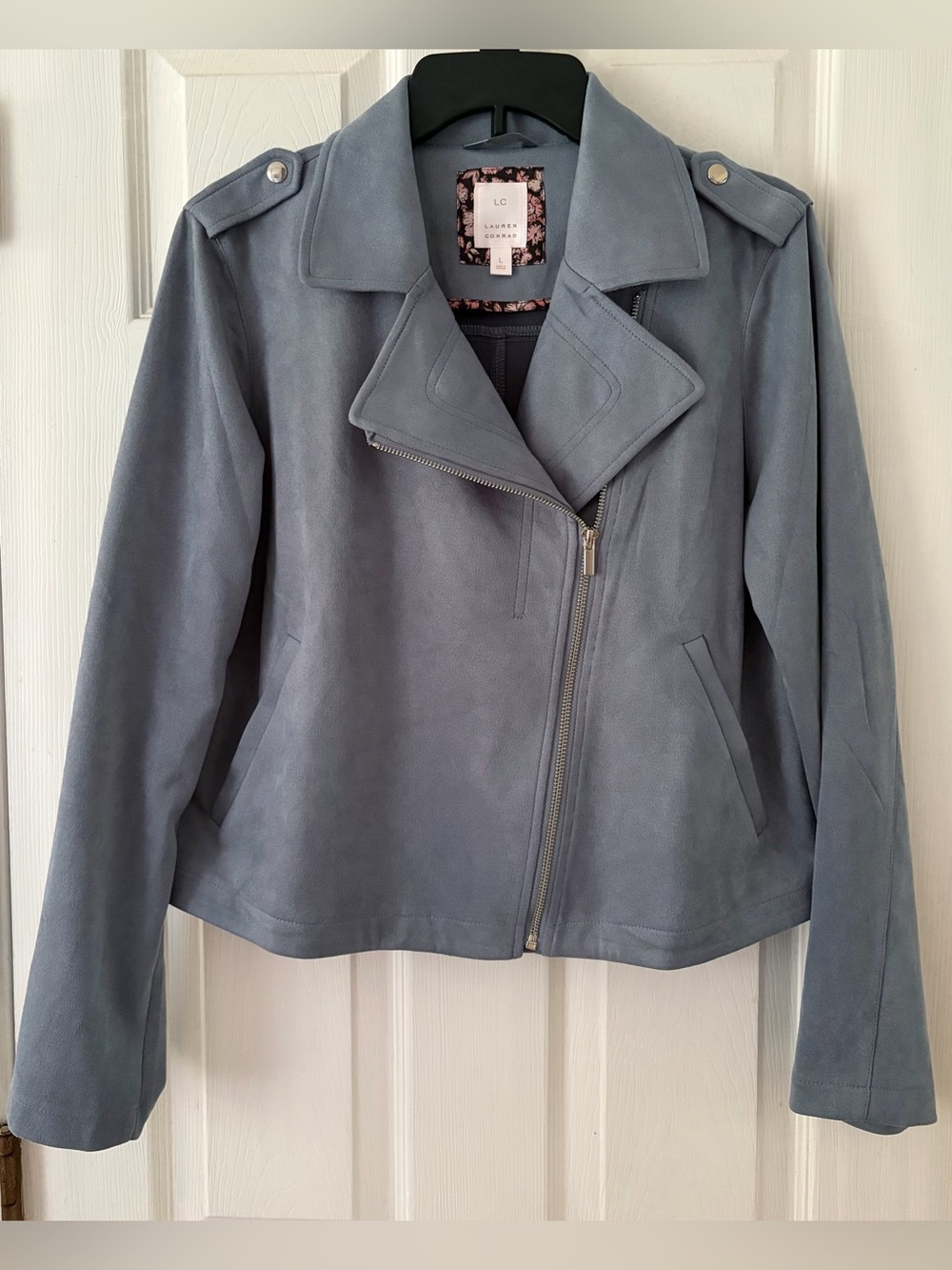 LC Lauren Conrad Dusty Blue Faux Suede Moto Blazer